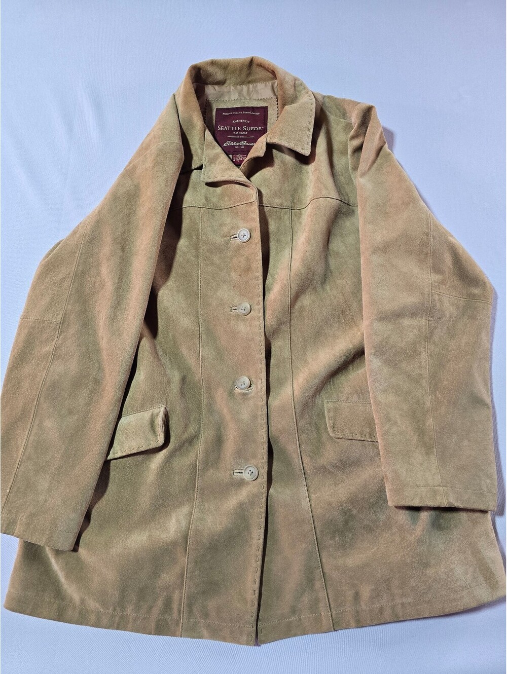 Vintage Eddie Bauer Seattle Suede Jacket Tan Button Front Coat Lined - Excellent